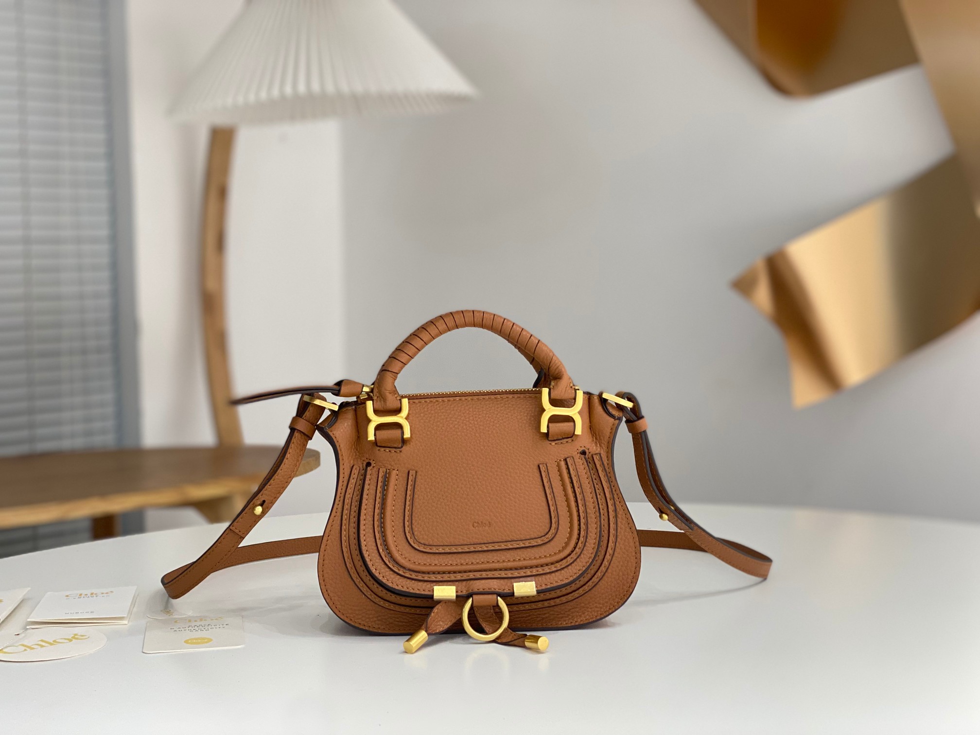 Chloe Mini Marcie Bag In Brown Grained Leather